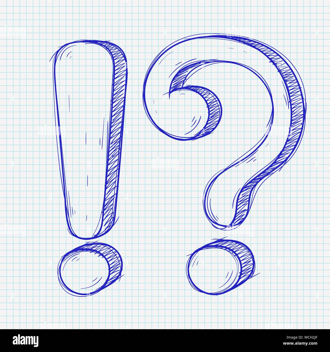 Question et d'Exlamation marques. Style doodle dessiné à la main sur papier ligné background Illustration de Vecteur