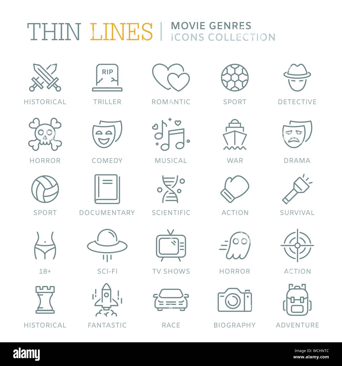 Collection de film genres fine ligne icônes Illustration de Vecteur