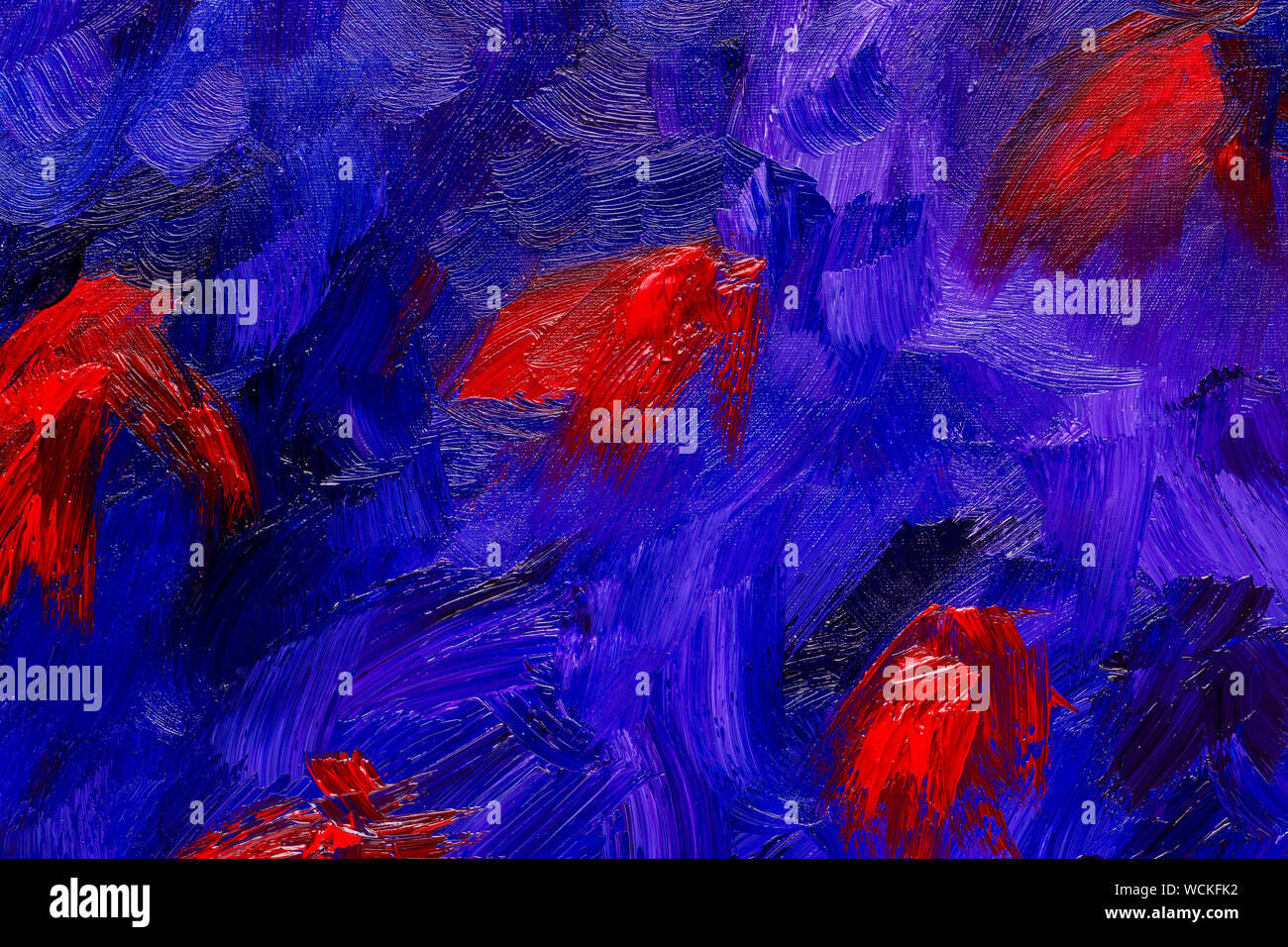 Résumé rouge, bleu et violet les traits de pinceau, véritable peinture à l'huile sur toile à la main, full frame Banque D'Images