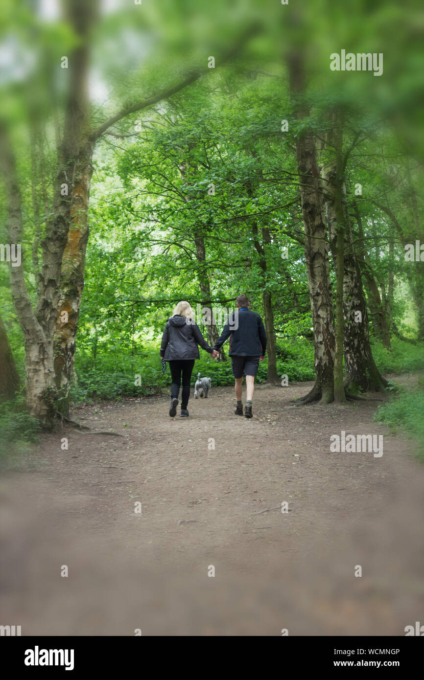 Couple avec chien marche à travers une forêt. Banque D'Images