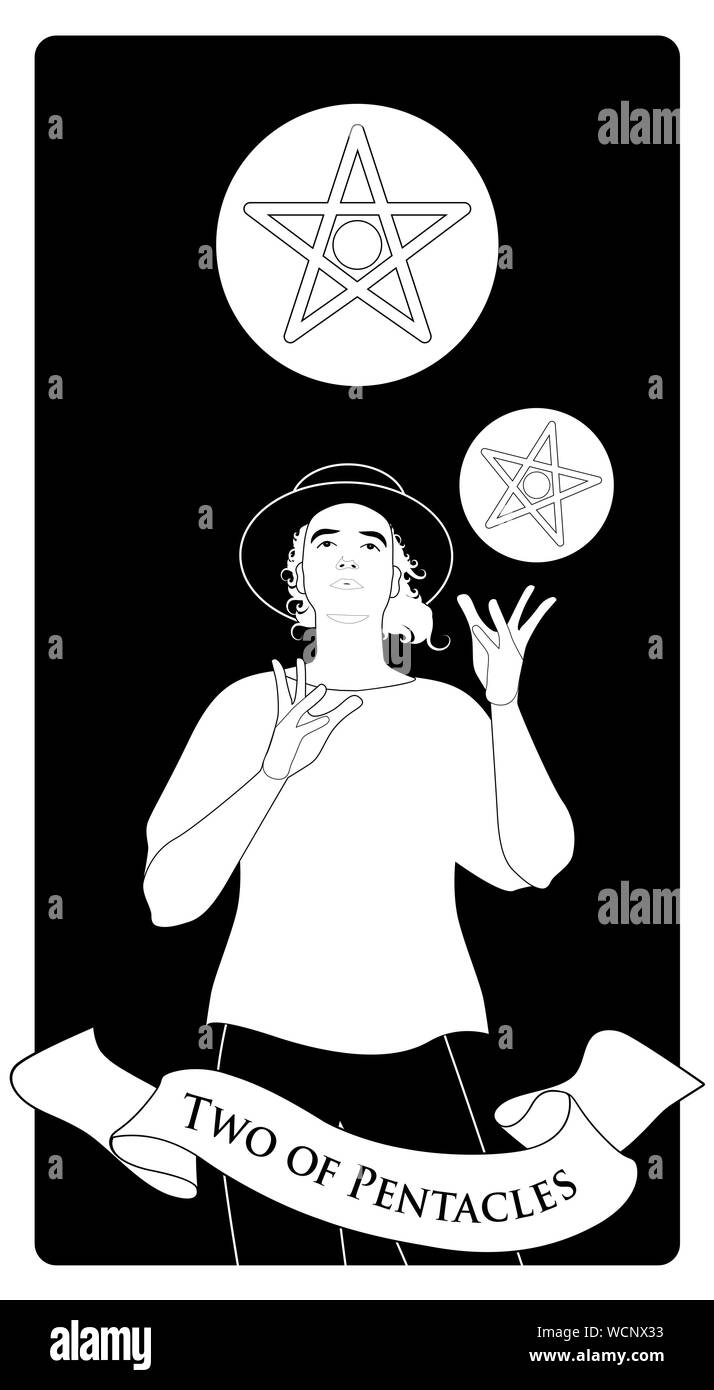 Deux de deniers. Cartes de Tarot. Young man wearing hat, jongler avec deux pentacles d'or Illustration de Vecteur