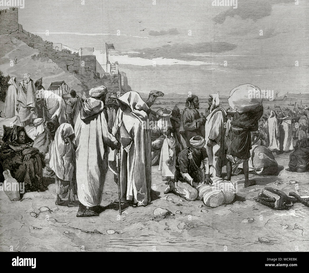 Maroc, Tanger. Pèlerinage des musulmans à La Mecque. Durant le mois de Ramadan de nombreuses familles marocaines, et d'autres régions de l'Afrique, le camp en dehors de la cuty en attente d'entreprendre un pèlerinage à La Mecque. Dessin de Pellicer. La gravure. La Ilustracion Española y Americana, le 8 novembre 1876. Banque D'Images