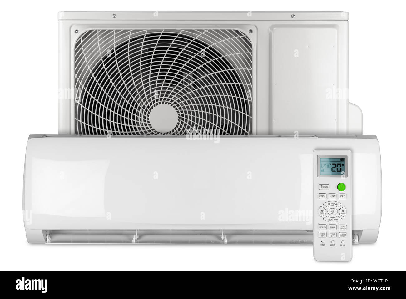 Ensemble d'onduleur de climatiseur split système mini pompe à chaleur avec unité extérieure et intérieure télécommande isolé sur fond blanc Banque D'Images