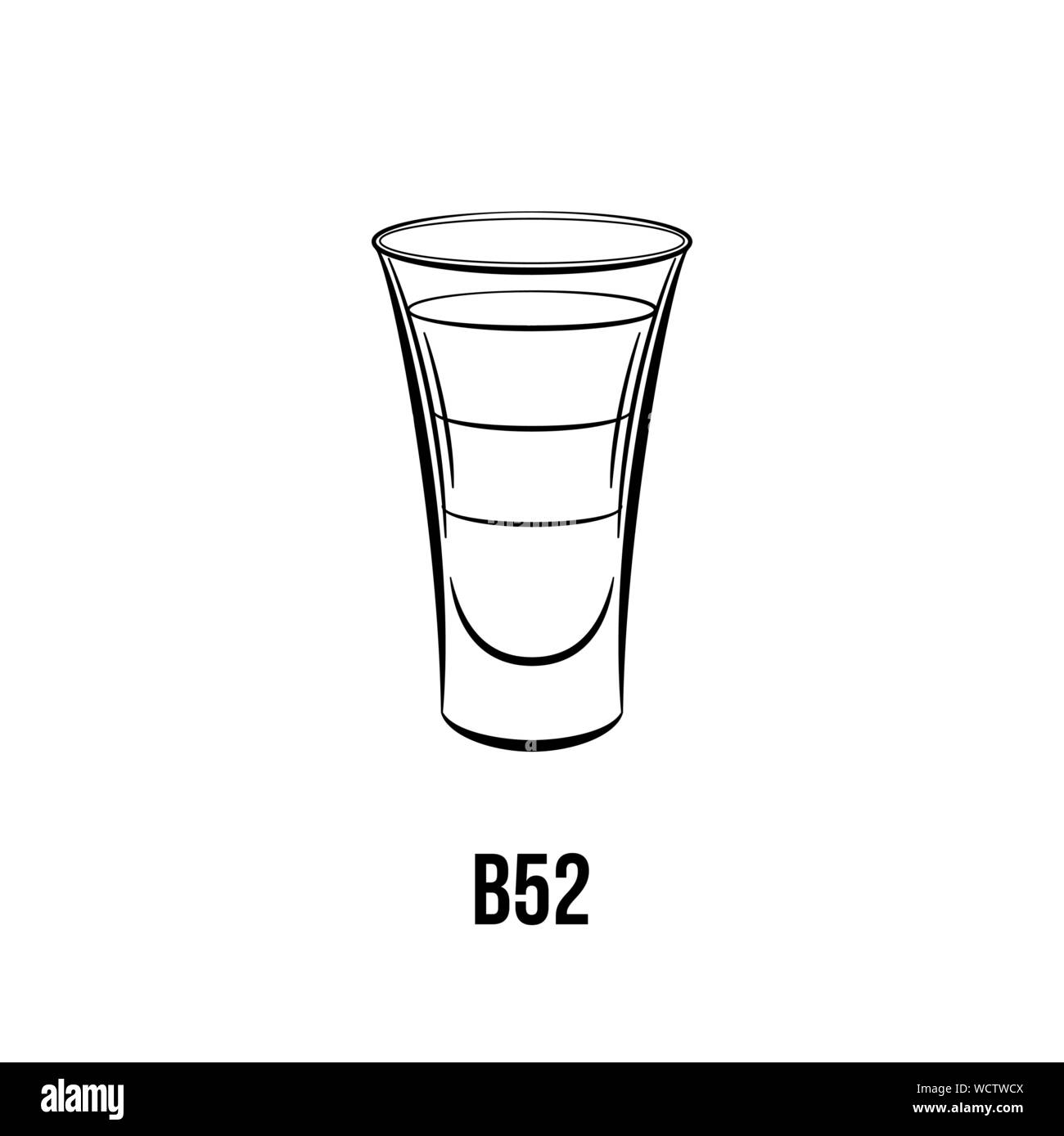 B 52 cocktail vector illustration noir et blanc. Tourné en couches, de boissons avec trois ingrédients. Liqueur alcoolique dessin à l'encre. Boisson forte, dans le verre. Club de nuit menu, élément de design de l'affiche Illustration de Vecteur