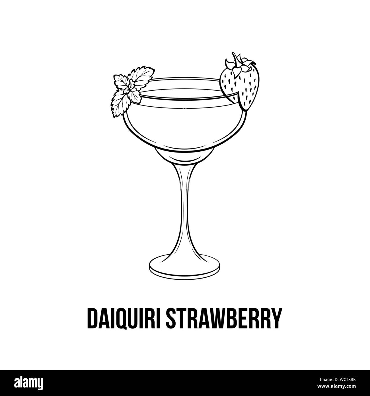 Strawberry Daiquiri vector hand drawn illustration. Boissons cocktail de fruits avec berry sur le verre. Boissons Les boissons fortes, Monochrome verrerie dessin à l'encre. Menu de bar, élément de design de l'affiche Illustration de Vecteur