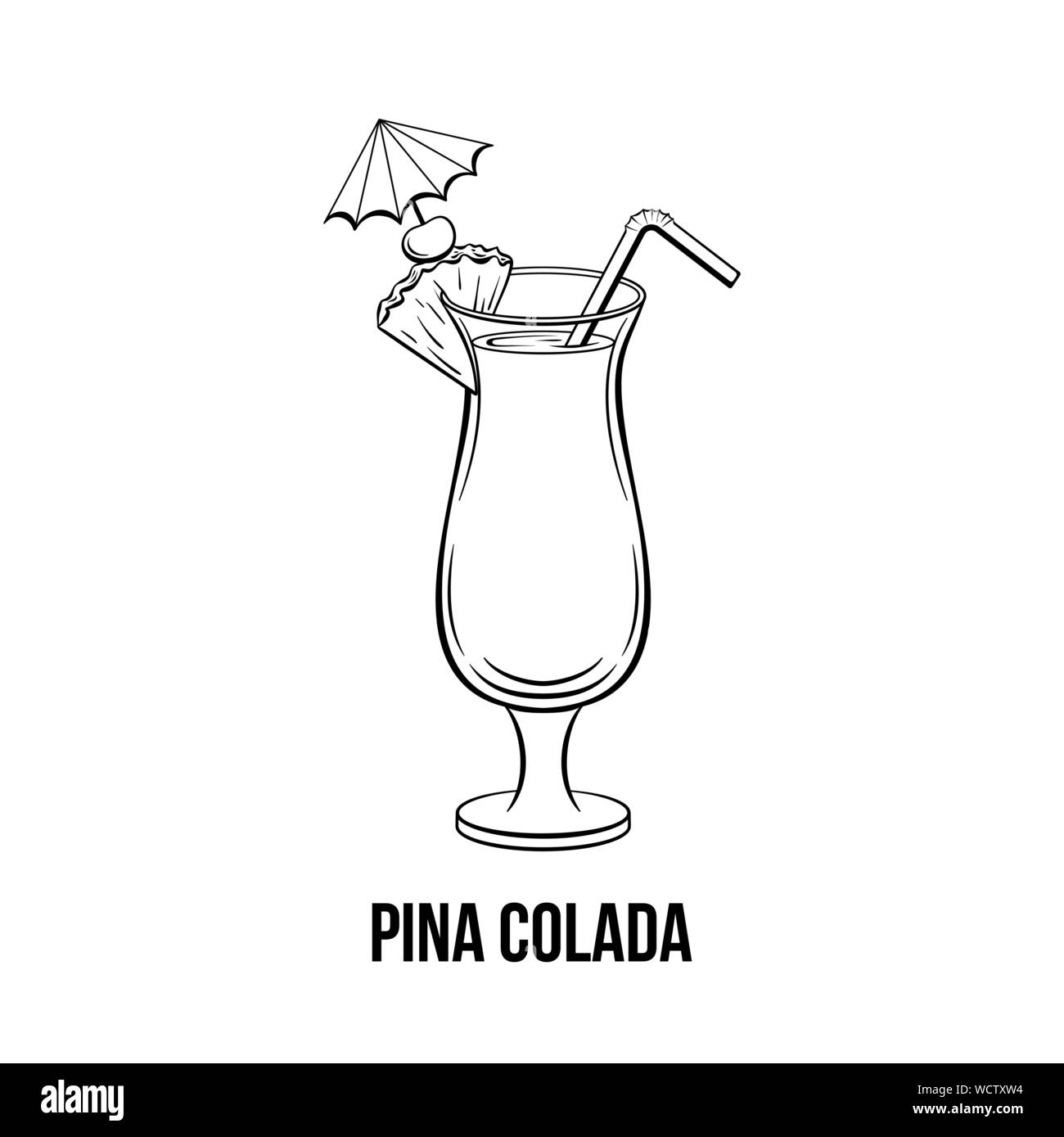 Pina Colada verre noir et blanc illustration dessiné à la main. Scieries de boisson alcoolisée avec parapluie, de la paille. Cocktail de plage. Tranche d'ananas cocktail avec de l'encre. Menu de bar, élément de design de l'affiche Illustration de Vecteur