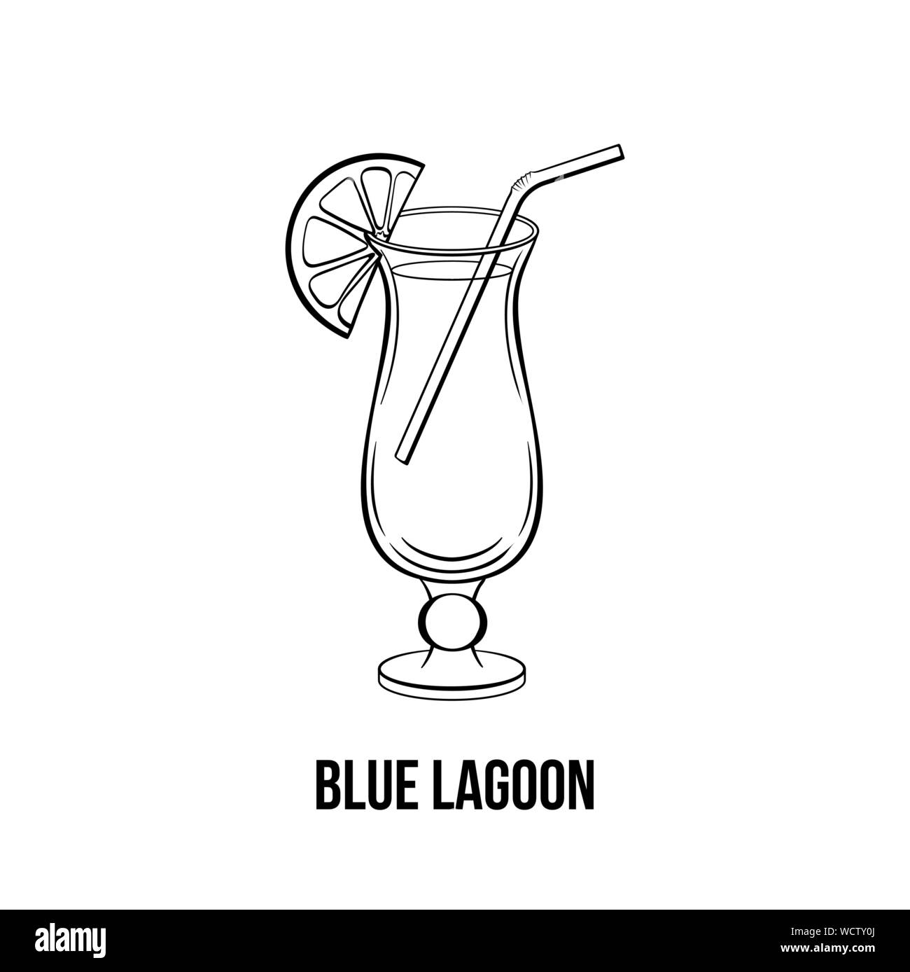Blue lagoon vector hand drawn illustration. L'alcool avec de la paille. Boisson forte monochrome avec tranche d'orange sur le verre à l'encre. Boissons cocktail tropical. Club de nuit menu, élément de design de l'affiche Illustration de Vecteur