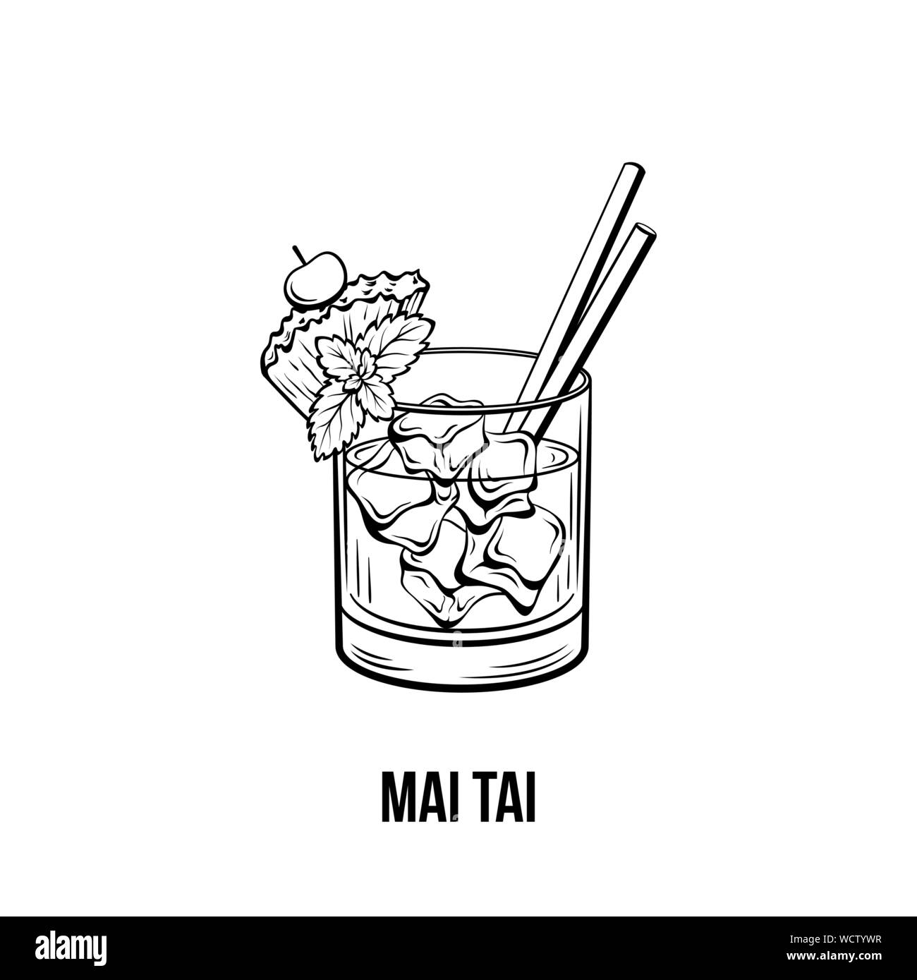 Cocktail Mai Tai illustration vectorielle. Cocktail sans alcool monochrome, boisson forte à l'ananas et de cerise à l'encre. Boissons tropicales avec de la glace et deux pailles. Menu de bar, élément de design de l'affiche Illustration de Vecteur