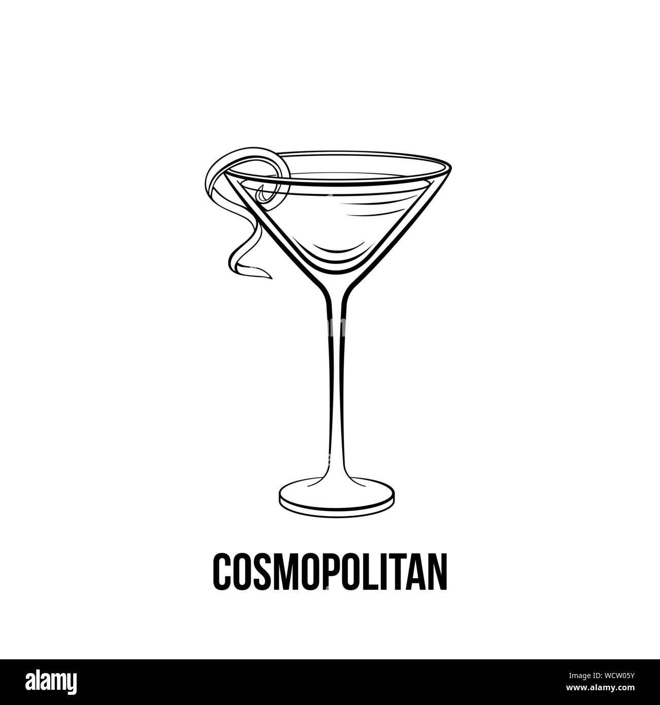 Vector illustration cosmopolite dessiné à la main. Cocktail sans alcool monochrome décorée de spirales d'agrumes à l'encre. Boisson forte, boisson dans la verrerie. Menu de restaurant, élément de design de l'affiche Illustration de Vecteur