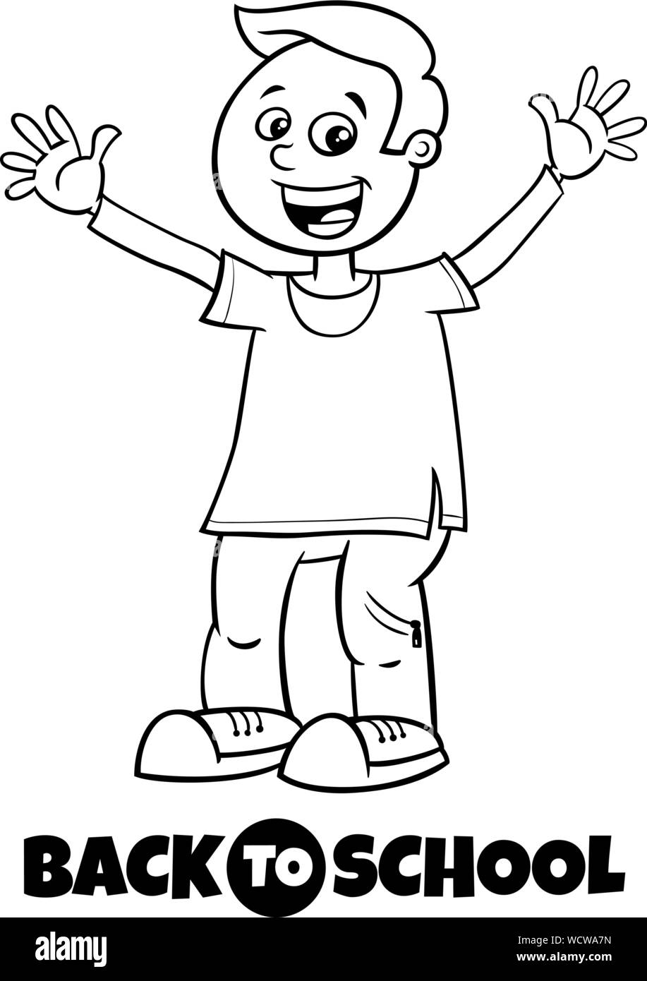 Cartoon noir et blanc Illustration de l'école primaire ou l'âge de l'adolescence heureuse garçon caractère avec signe le retour à l'école Livre à colorier Illustration de Vecteur