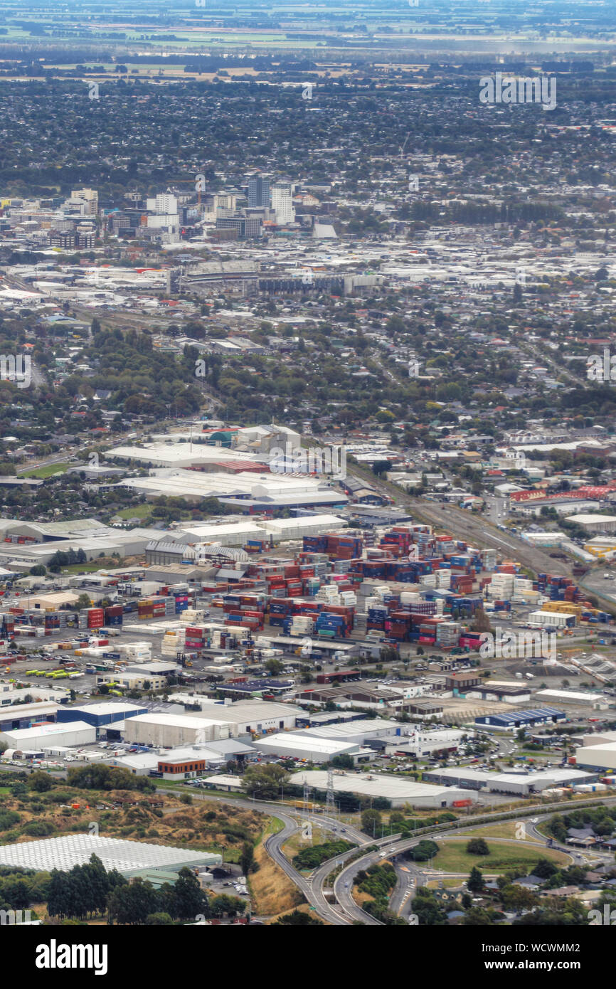 Une vue aérienne verticale de Christchurch, Nouvelle-Zélande Harbour Banque D'Images