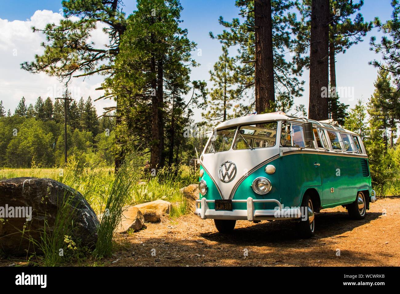 SOUTH Lake Tahoe, États-unis - Jul 22, 2015 : Classique Volkswagen Bus dans la forêt Banque D'Images