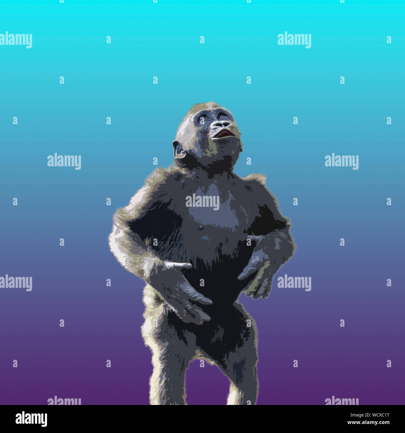 Bébé Gorille Art numérique - effet rétro sur fond de couleur bleu et violet. Concept minimaliste Banque D'Images