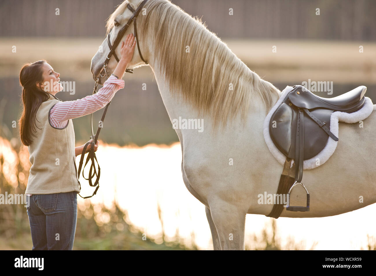 Jeune femme de caresser son cheval Banque D'Images