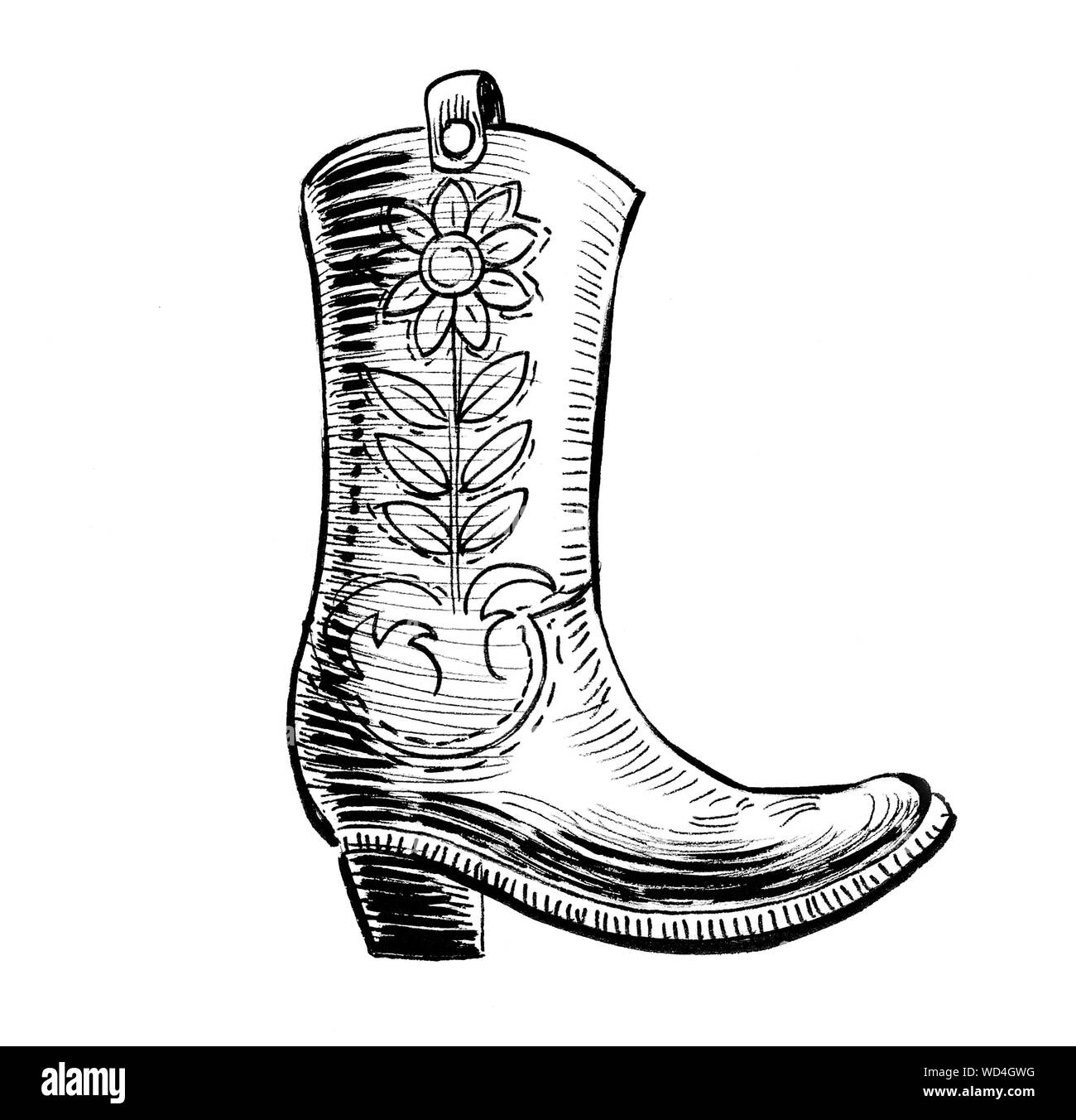Cowboy boot. Illustration noir et blanc Encre Photo Stock - Alamy