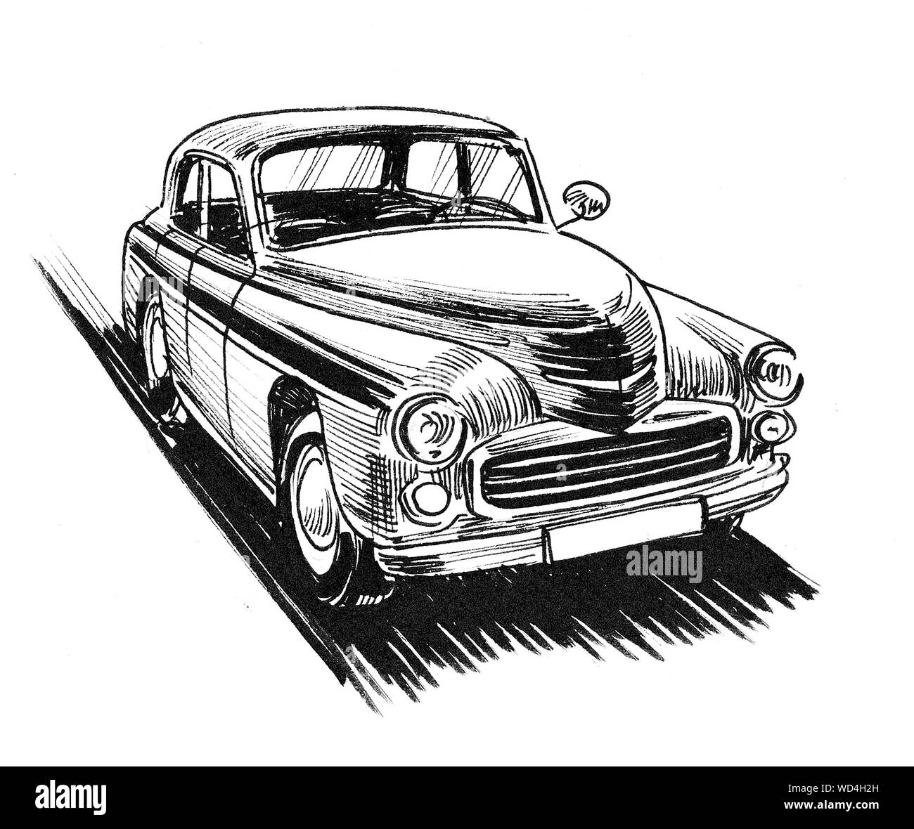 Voiture rétro. Dessin noir et blanc Encre Banque D'Images