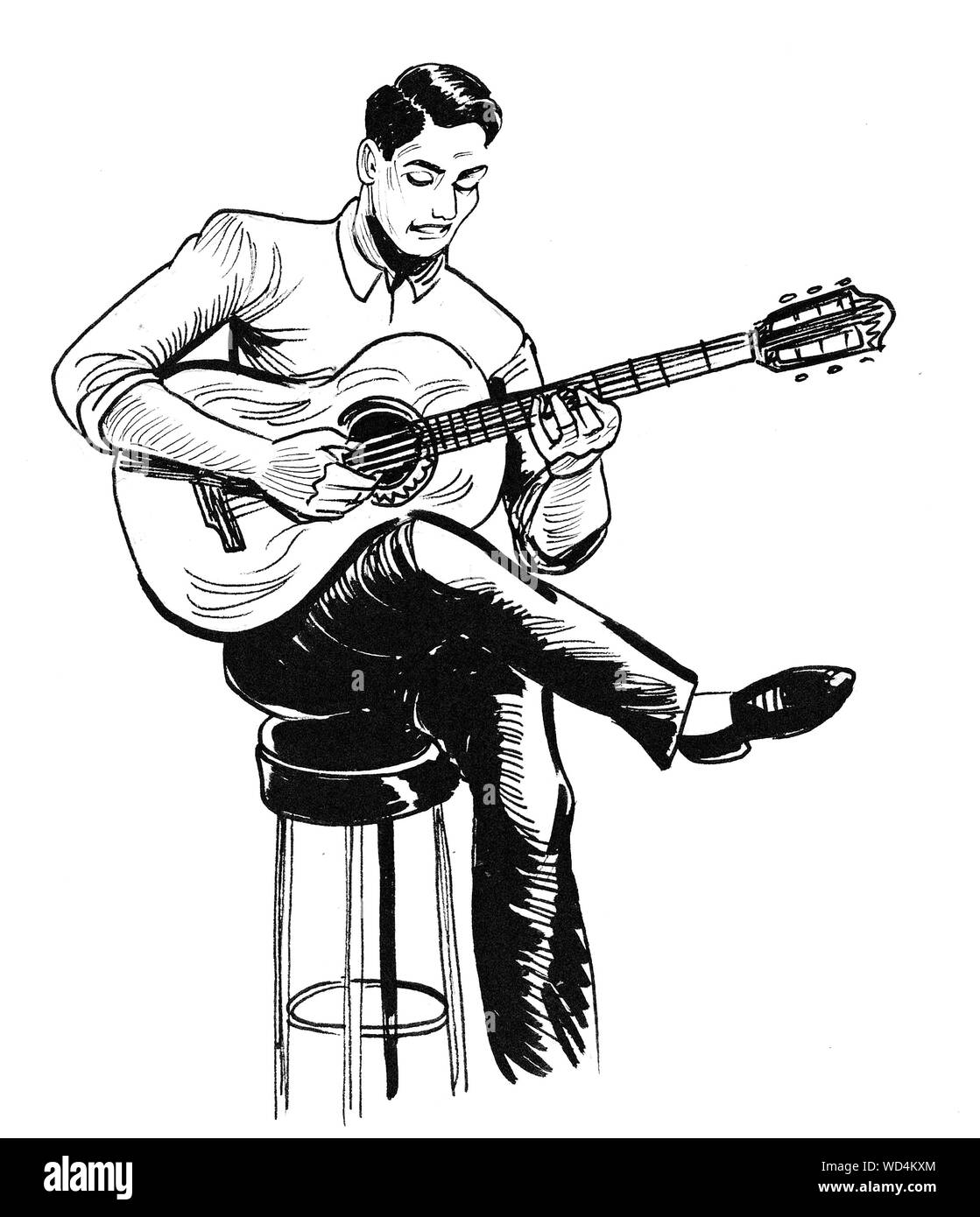 Jeune homme assis sur un tabouret et jouant une guitare acoustique. Dessin noir et blanc Encre Banque D'Images