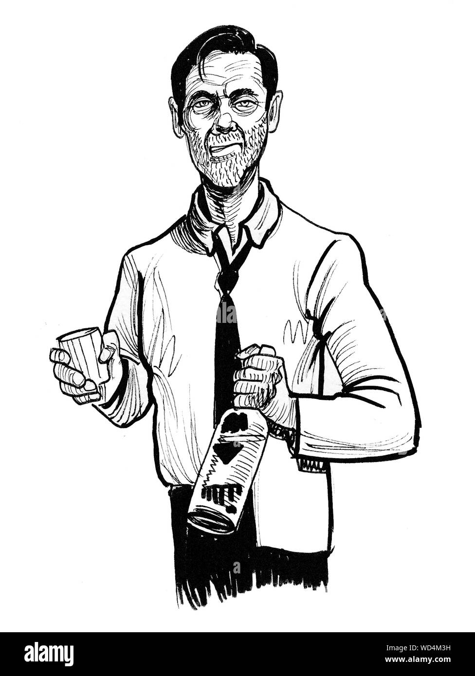 Les homme avec une bouteille de vodka. Dessin noir et blanc Encre Banque D'Images