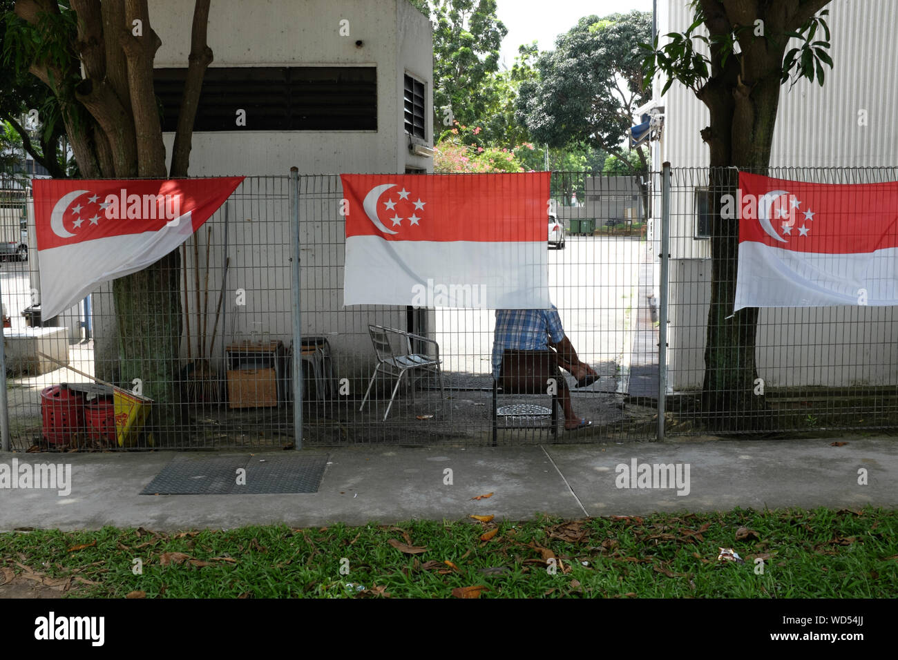 Drapeaux de Singapour sur l'encontre de la mise en clôture Banque D'Images