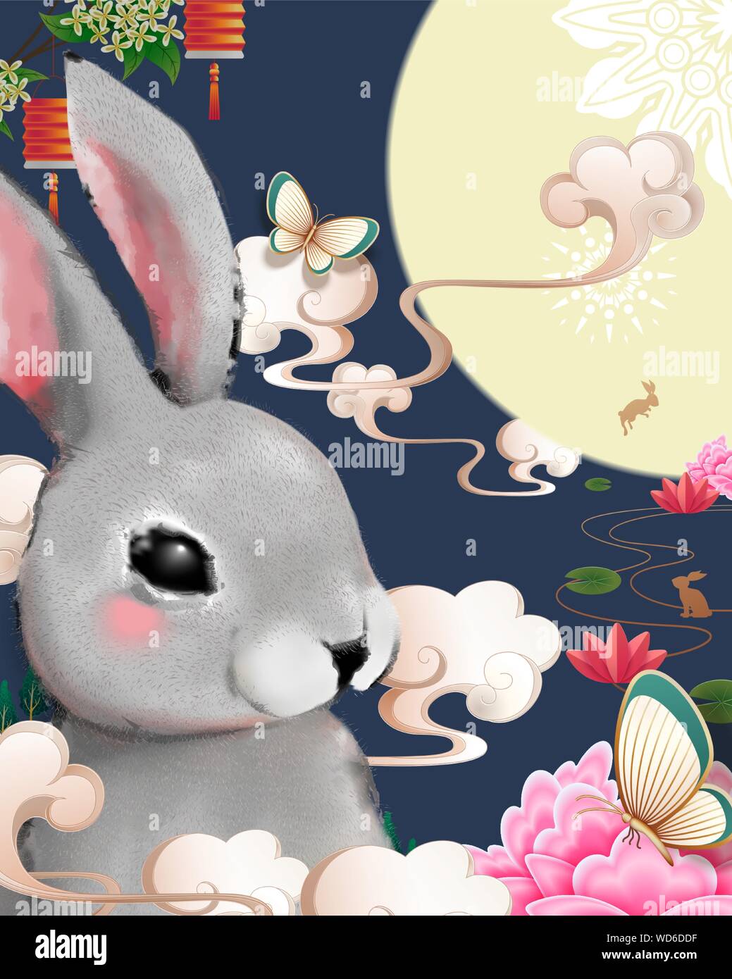 Heureux de l'affiche du festival de mi-automne avec lapin duveteux gris géant sur fond bleu Illustration de Vecteur