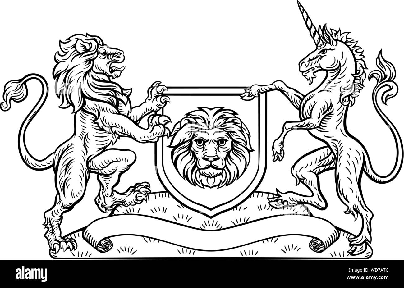 Bouclier Héraldique Licorne Lion cimier des armoiries Illustration de Vecteur