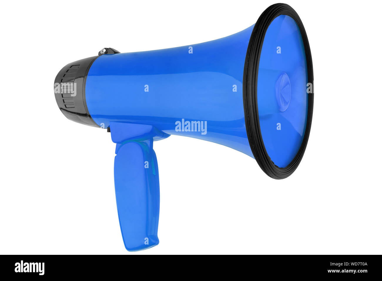 Mégaphone bleu sur fond blanc gros plan isolé , main conception de haut-parleur, loudhailer ou porte-voix illustration, symbole d'agitation annoncer Banque D'Images