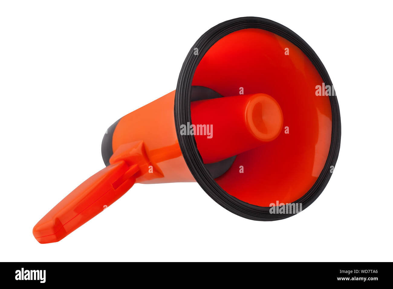 Mégaphone Orange isolé sur fond blanc gros plan, conception de haut-parleur à la main, rouge loudhailer ou porte-voix sign illustration, annonce Banque D'Images