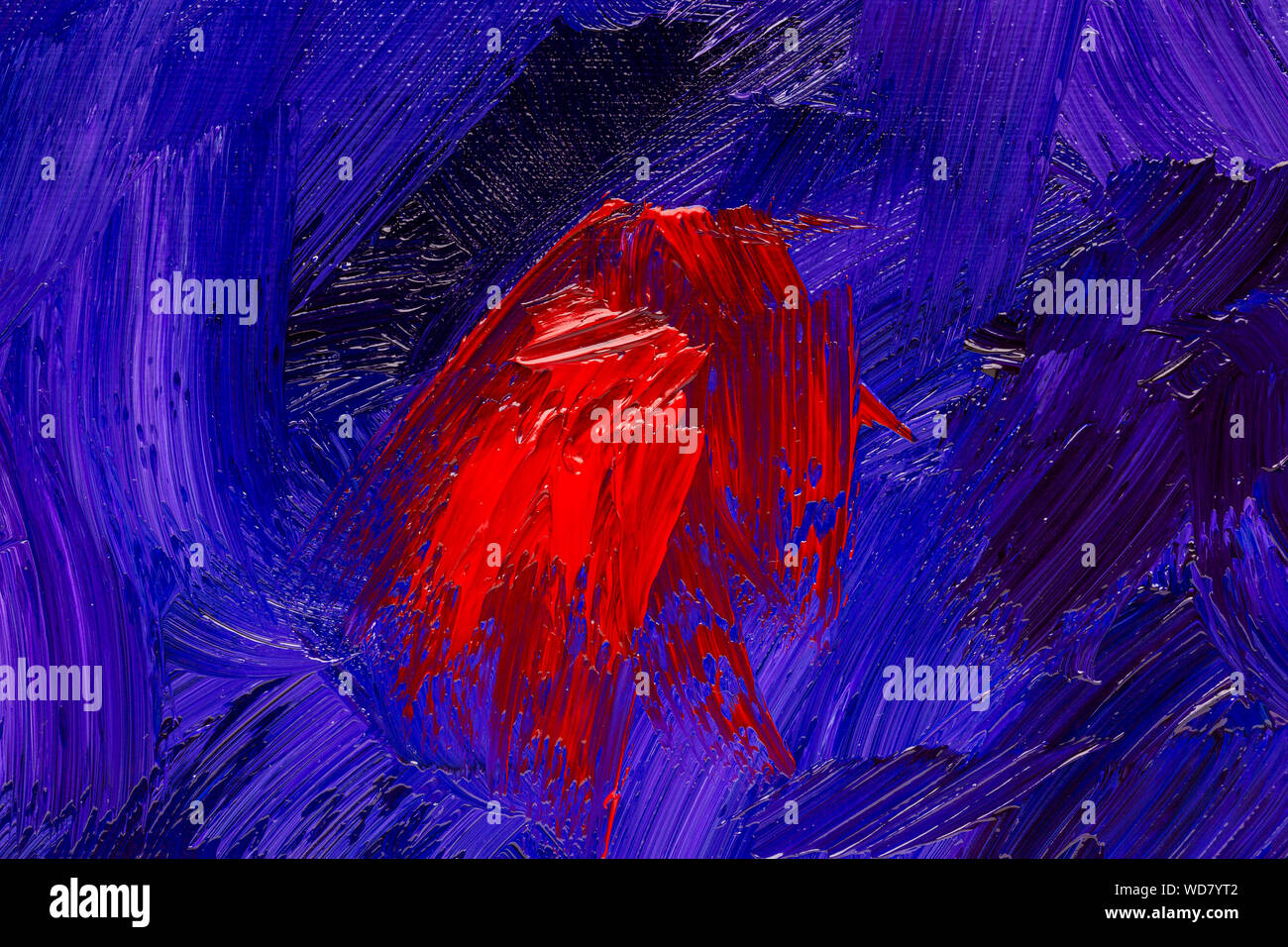Résumé rouge, bleu et violet les traits de pinceau, véritable peinture à l'huile sur toile à la main libre, full frame Banque D'Images