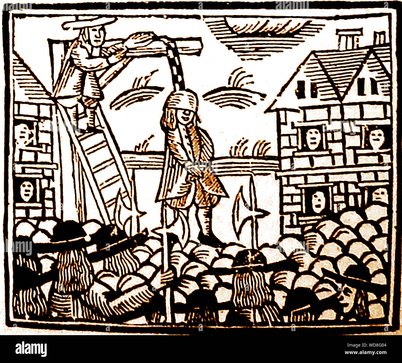 Un début historique gravure gravure sur bois montrant une pendaison publique en Angleterre au 17e siècle Banque D'Images