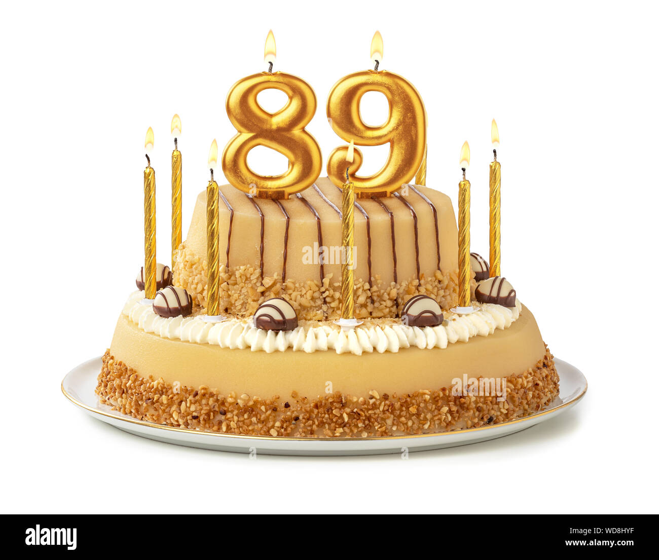 Gâteau de fête avec des bougies d'or - Numéro 89 Banque D'Images