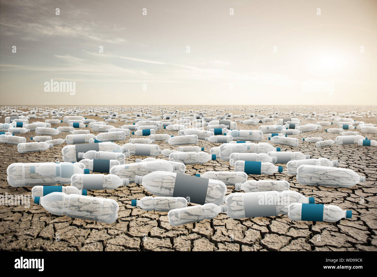 Les bouteilles en plastique dans le désert. Post-apocalyptique. Planète après les effets des déchets plastiques. Banque D'Images