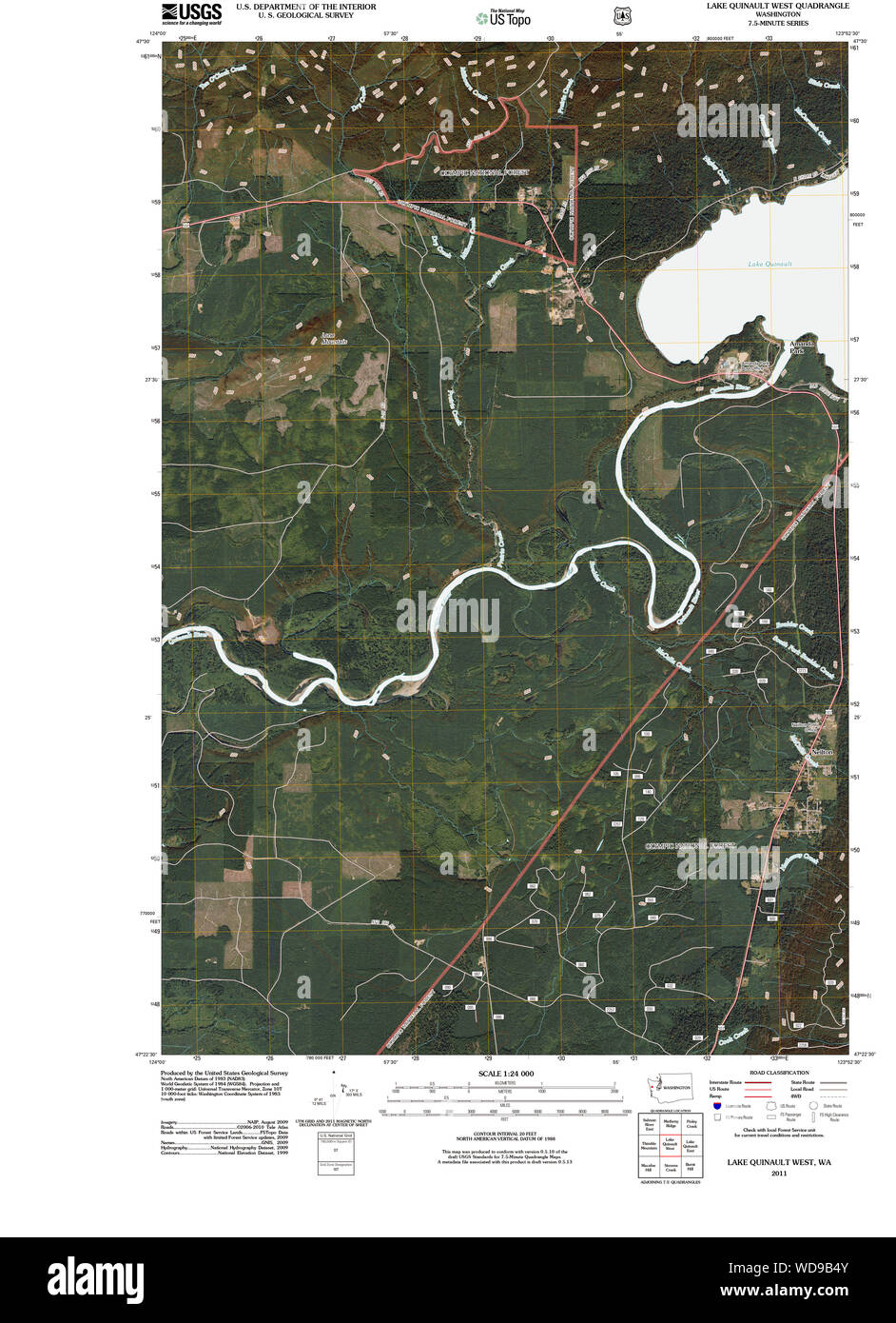 L'État de Washington, de l'USGS Topo Map WA Lake Quinault West 20110503 Restauration TM Banque D'Images