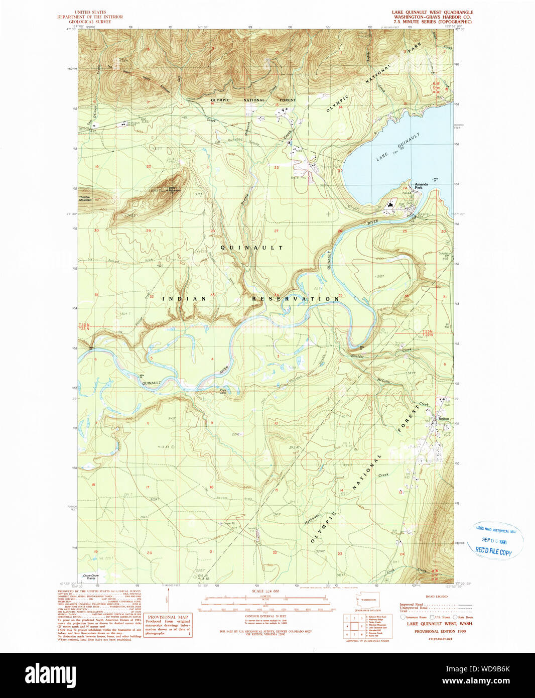 L'État de Washington, de l'USGS Topo Map WA Lake Quinault West 2418961990 Restauration 24000 Banque D'Images