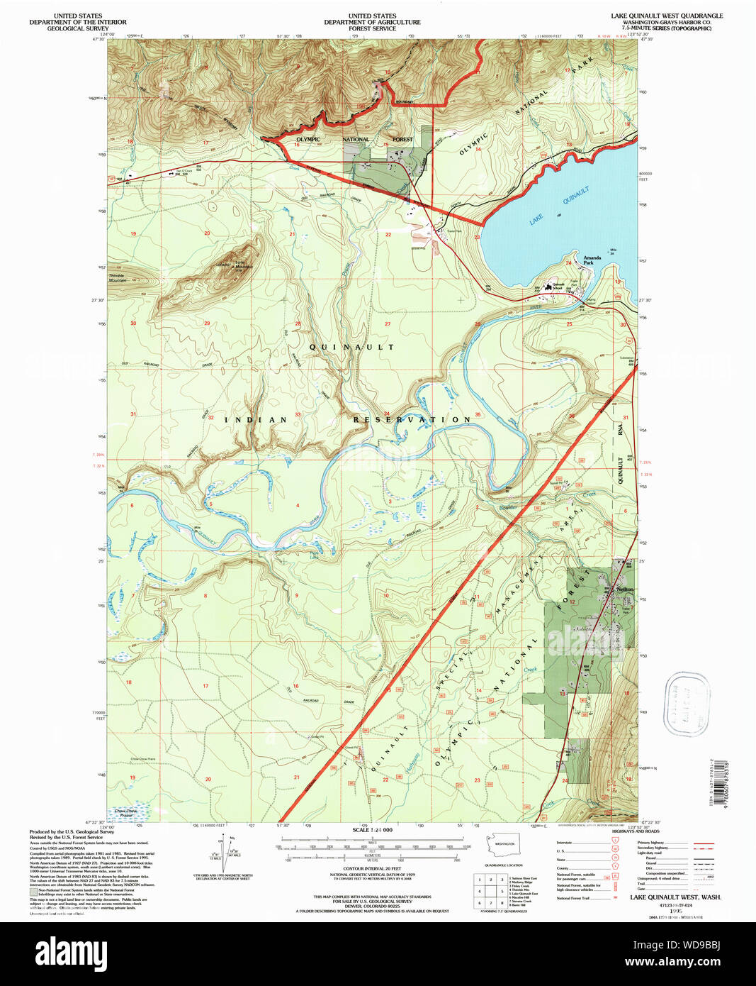 L'État de Washington, de l'USGS Topo Map WA Lake Quinault West 2418971995 Restauration 24000 Banque D'Images