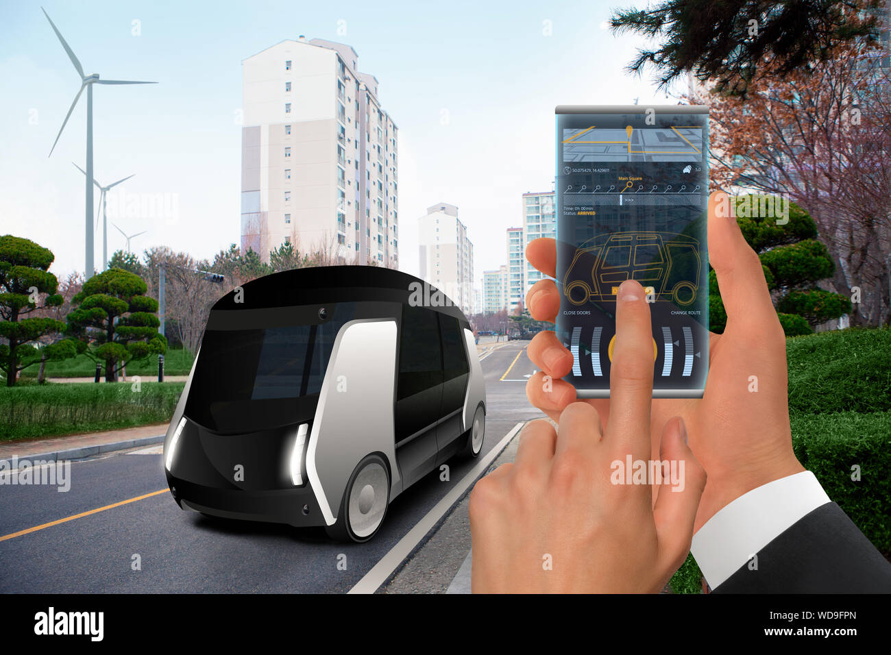 Le contrôle du bus autonome par futuristic smartphone avec application pour mobile . Concept. Banque D'Images