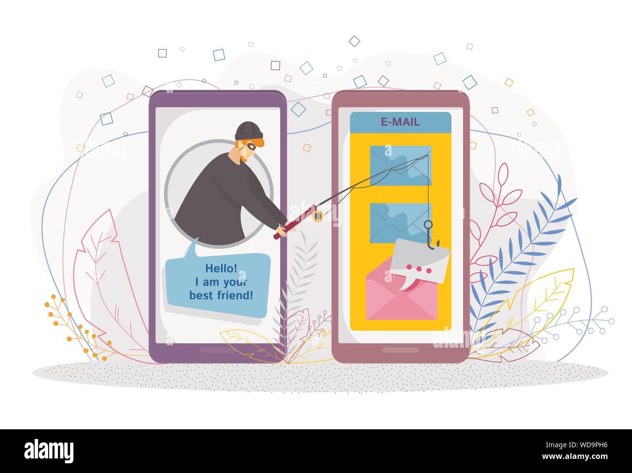 Petit homme avec une canne à pêche vole une lettre à partir d'une boîte aux lettres Illustration de Vecteur