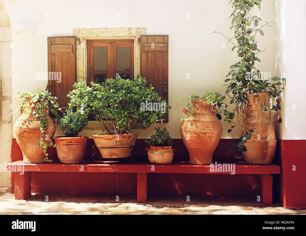 Mur texturé pittoresque avec une fenêtre et des plantes en pots de fleurs en céramique sur un banc, sunlit, détail de petite église en Grèce, Crete Banque D'Images