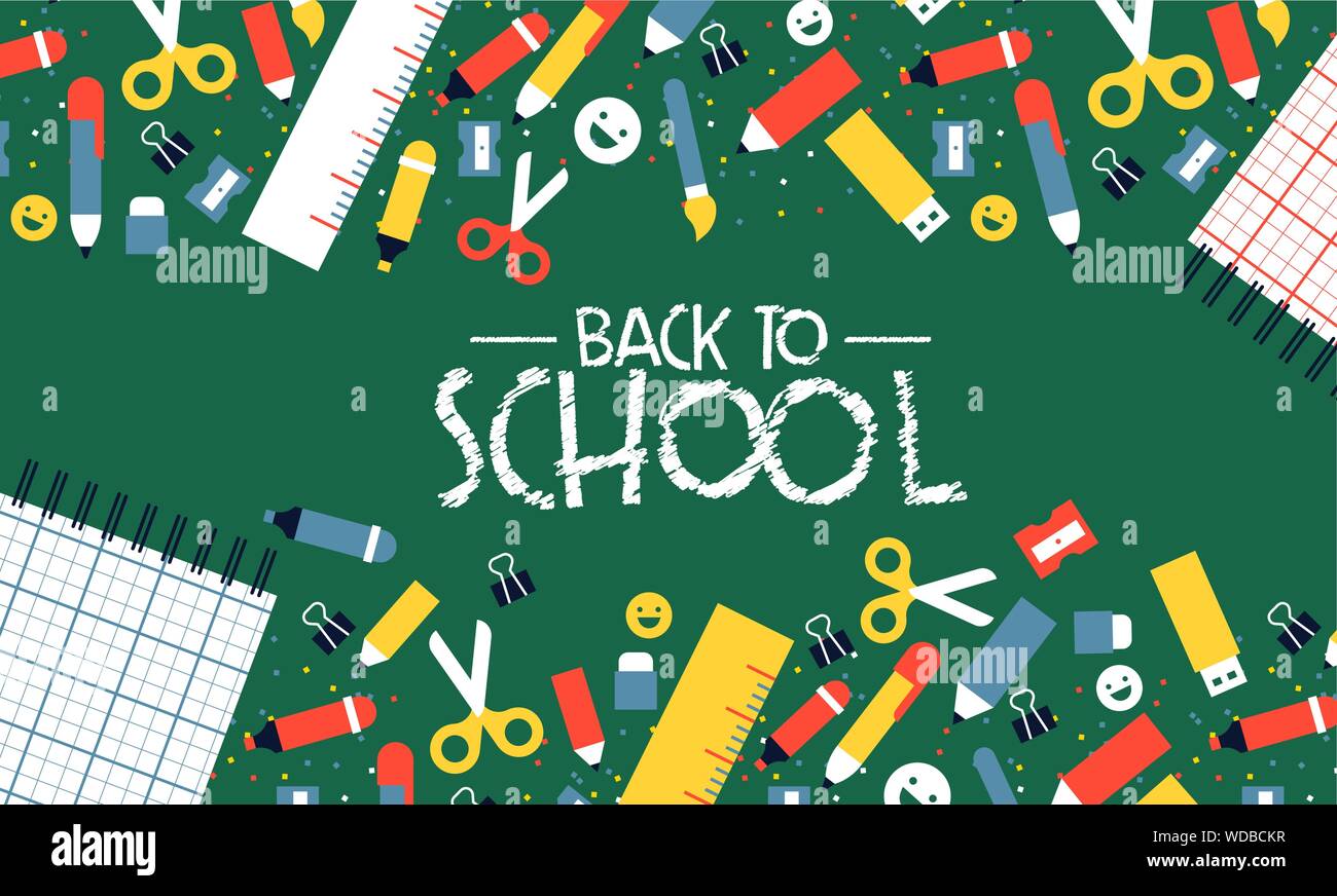 Retour à la carte de l'école les enfants de classe fournit dans télévision cartoon style. Éléments d'étudiants sur l'arrière-plan tableau vert pour le plaisir ki Illustration de Vecteur