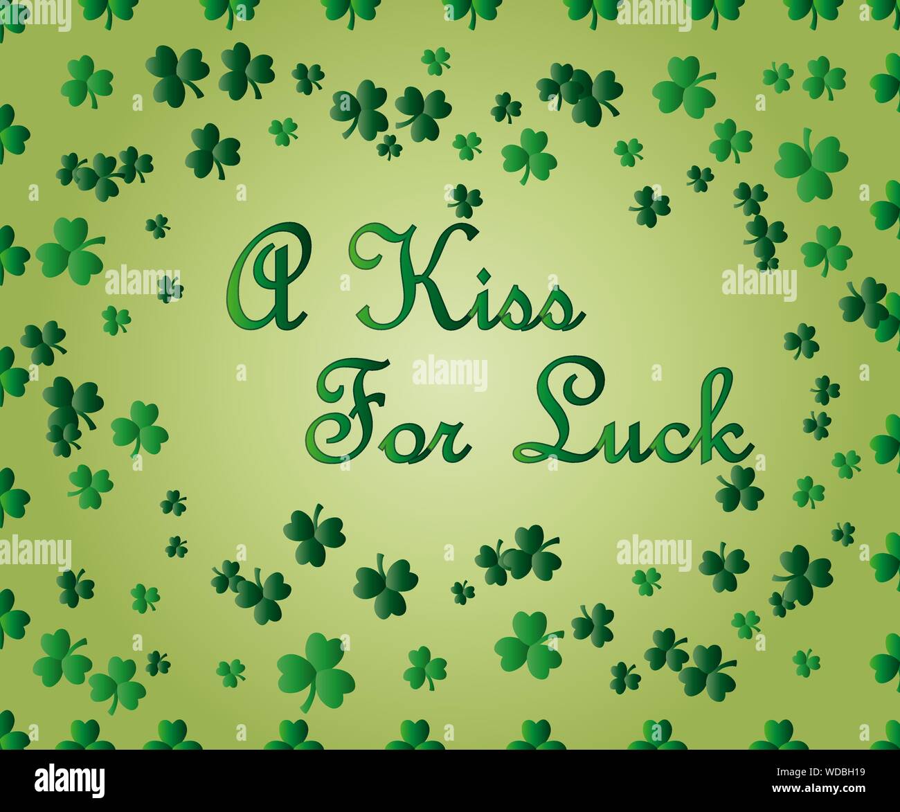 Saint Patrick's Day Greeting card avec les feuilles de trèfle vert étincelaient et texte. Inscription - un baiser pour chance Illustration de Vecteur