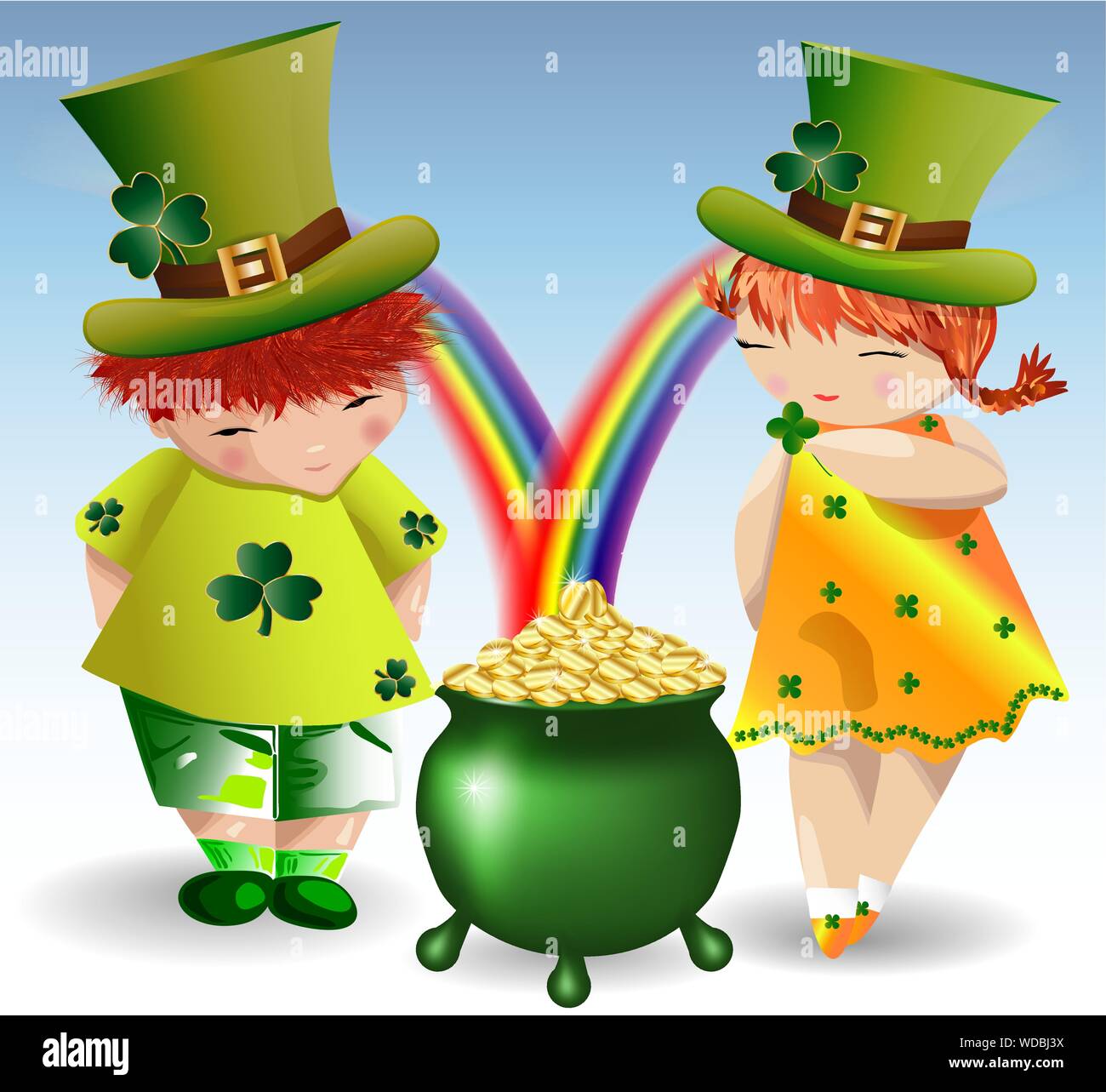 Un garçon roux et une fille aux cheveux roux en vêtements vert et vert à  forts la Saint-Patrick avec feuilles d'érable et un chapeau melon, rempli  de pièce d'or Image Vectorielle Stock -