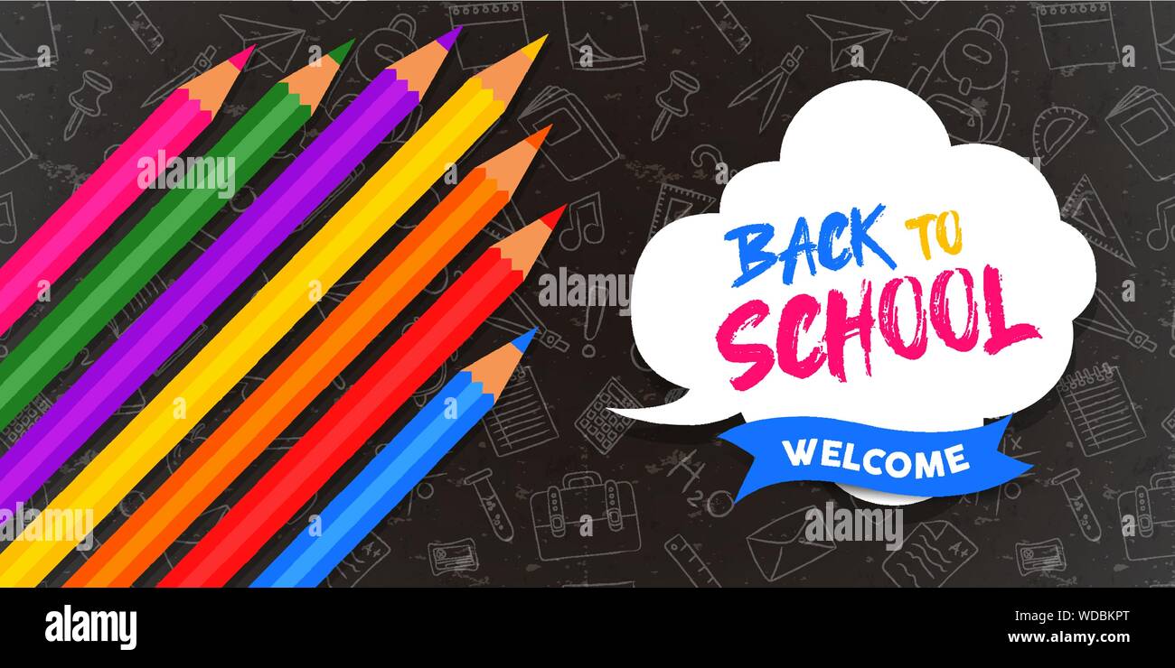 Retour à l'école carte de souhaits illustration of colorful crayons de couleur sur fond tableau noir avec une craie doodles pour l'éducation concept. Illustration de Vecteur