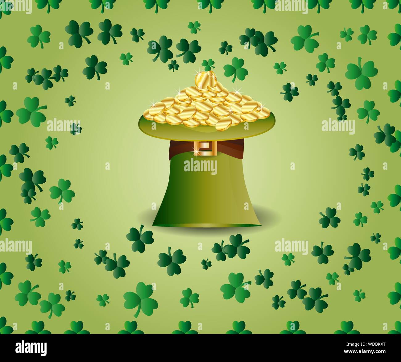 Saint Patrick's Day Greeting card avec un chapeau vert plein de pièces d'or, les feuilles de trèfle vert parkled Illustration de Vecteur