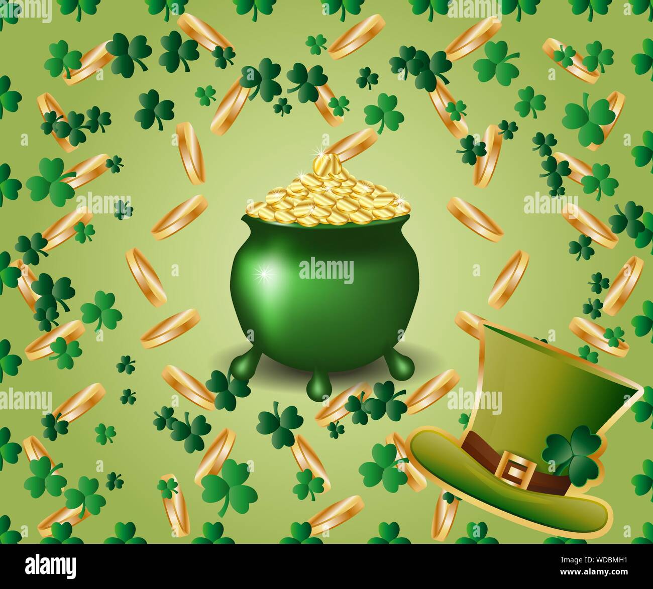 Saint Patrick's Day Greeting card avec un pot plein d'or vert, coinss parkled les feuilles de trèfle vert Illustration de Vecteur