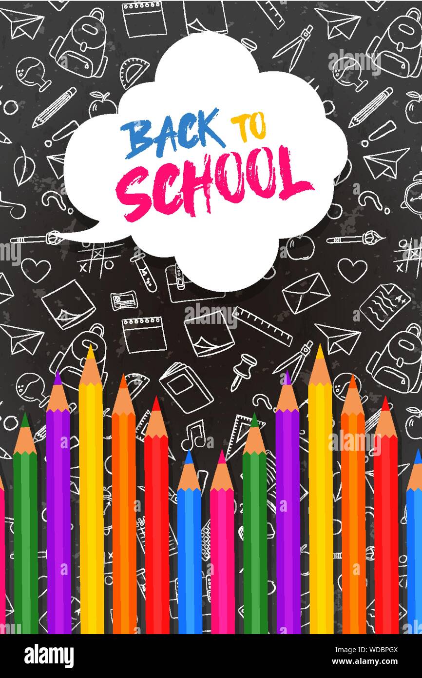 Retour à l'école carte de souhaits illustration of colorful crayons de couleur sur fond tableau noir avec une craie doodles pour l'éducation concept. Illustration de Vecteur