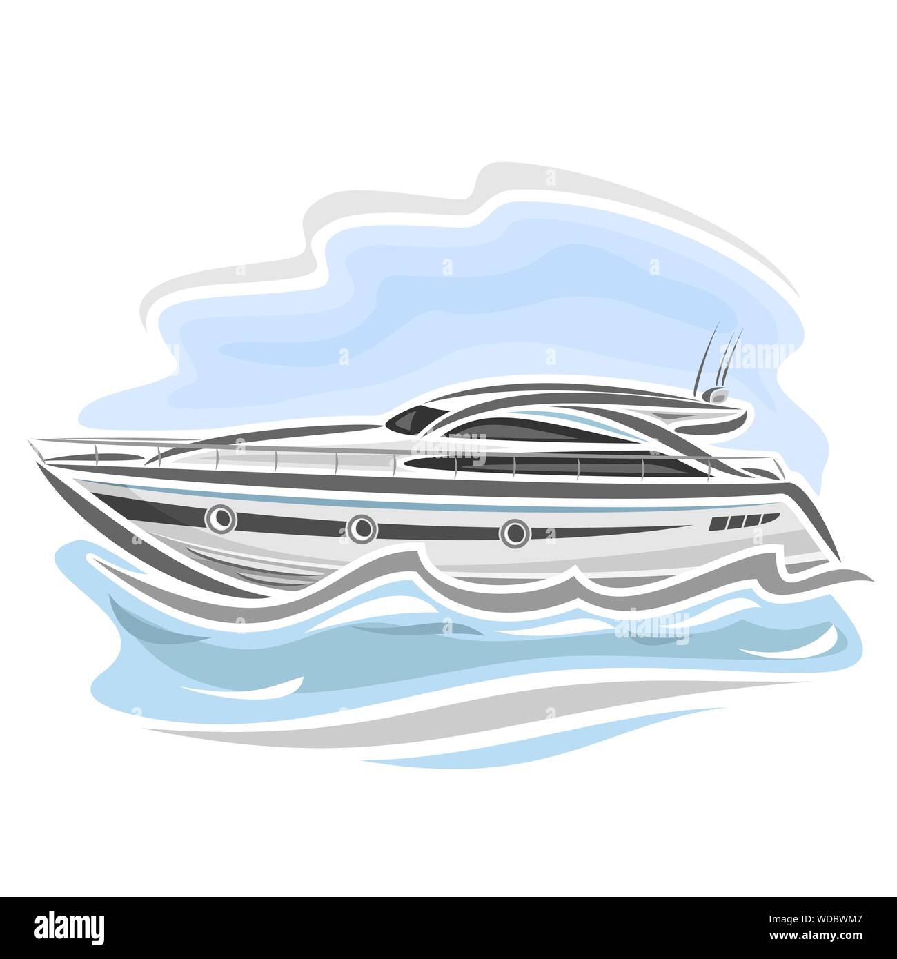 Vector illustration du logo pour bateau de vitesse sur fond bleu, vue de côté. Illustration de Vecteur