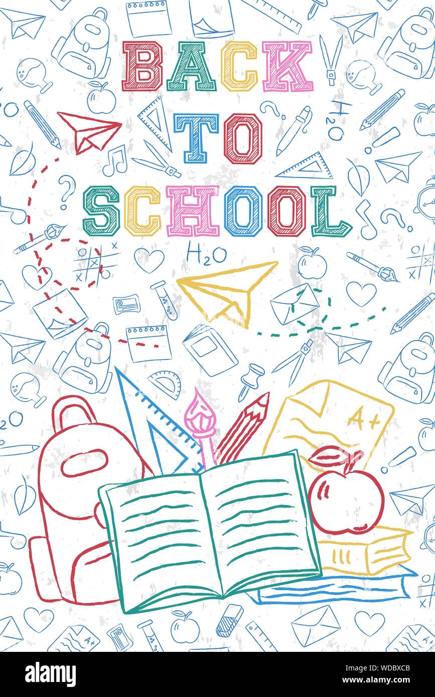 Retour à l'école de cartes de voeux faites à la main sac à dos et des fournitures artistiques sur l'objet de classe pour l'éducation de base doodle concept. Illustration de Vecteur