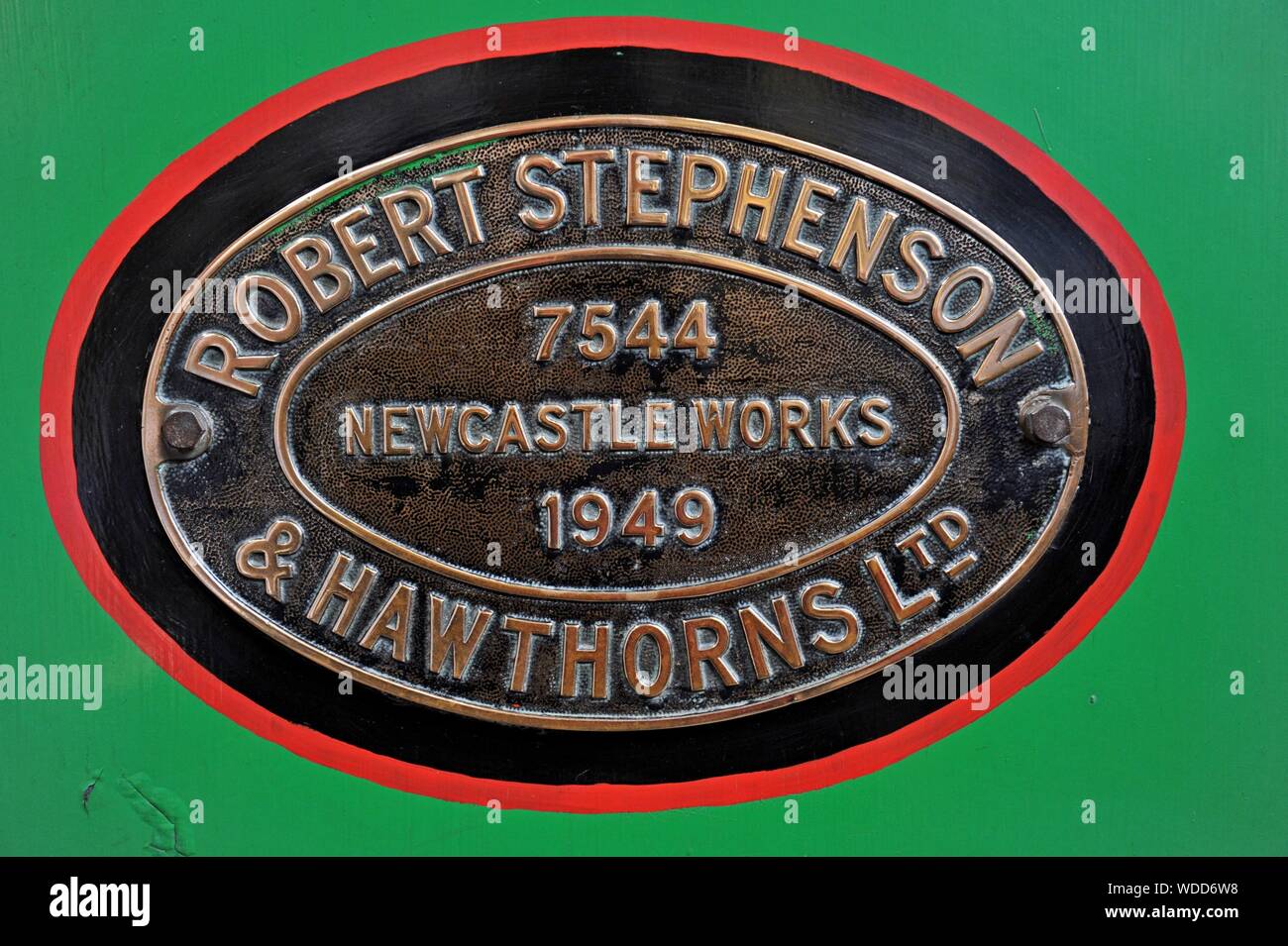 Robert Stephenson et aubépines brass builders plaque sur locomotive à vapeur no1 'Bonnie Prince Charlie' à Didcot Railway Centre, Oxfordshire Banque D'Images