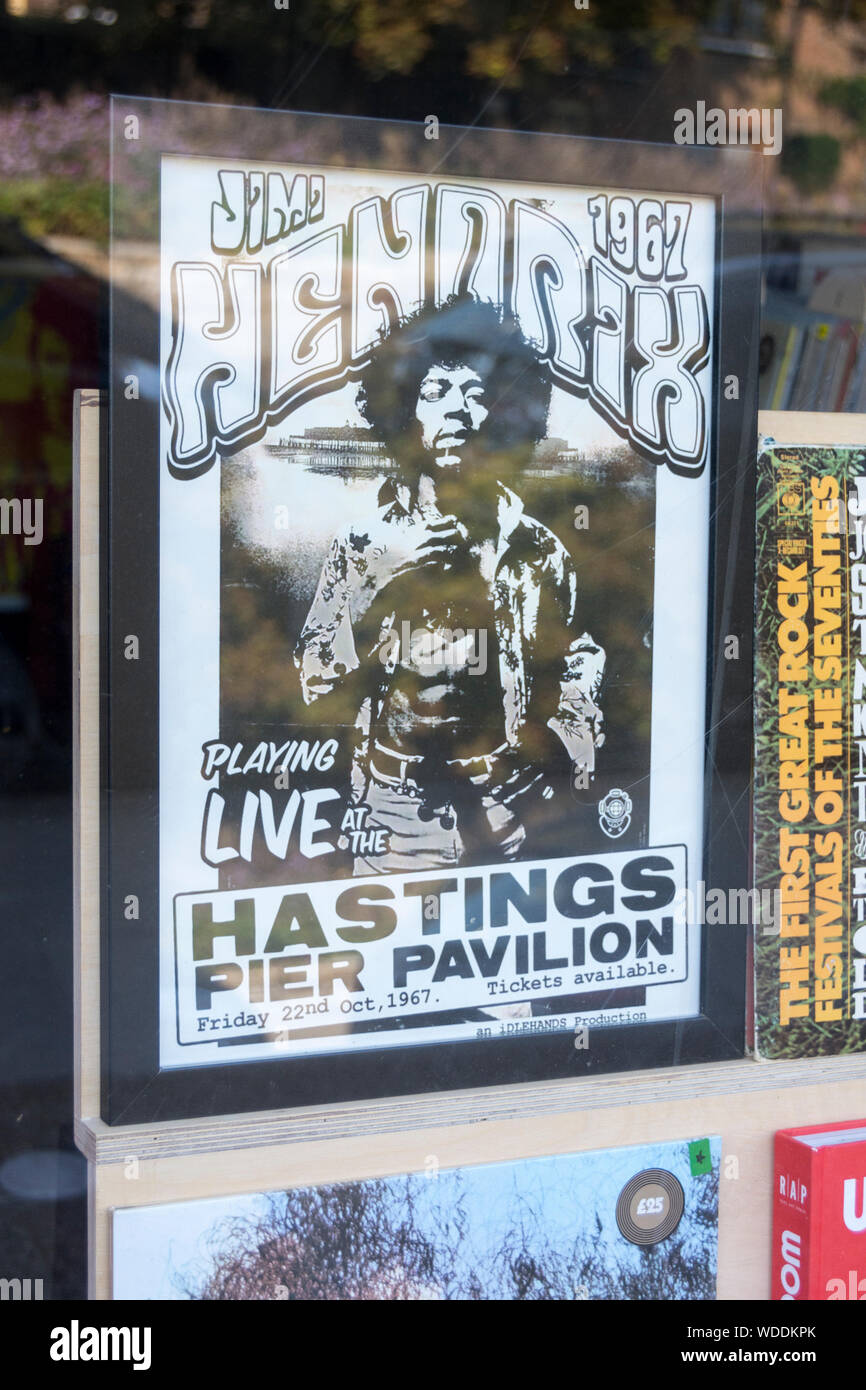 Affiche montrant Jimi Hendrix jouant en direct au Hastings Pier Pavillion en 1967, Hastings, East Sussex, U.K Banque D'Images