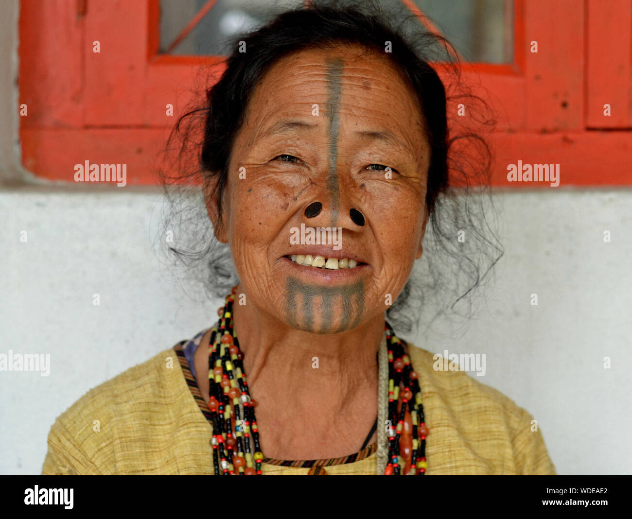 Personnes âgées femme Apatani avec parquet en bois noir-nez (yaeping) hullo et tribal tatouage distinctif face sourire pour la caméra. Banque D'Images