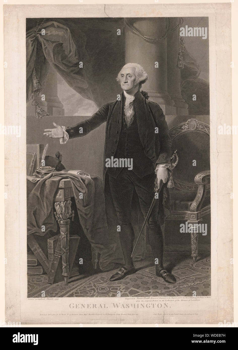 Le général Washington Résumé : Imprimer montre George Washington, portrait en pied, en face légèrement à gauche, debout devant une chaise, bras droit étendu à une table sur la gauche, et tenant une épée dans la main gauche. Après un portrait par Gilbert Stuart. Banque D'Images